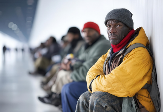 African American homeless man in a yellow coat and gray beanie sits against a wall in a long line of individuals seeking shelter or services, conveying hardship and resilience.