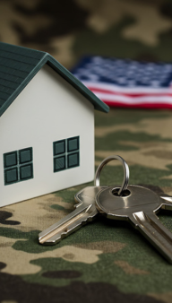 Model house and set of keys placed on a camouflage fabric background, with a blurred American flag in the distance, symbolizing housing assistance and stability for U.S. military veterans.